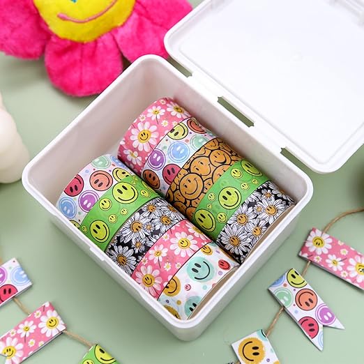 12 Rolls Smile Face Washi Tape Set, Cute Flower Decorative Tape, Colorful Cartoon Masking Tape for Journaling Supplies, Junk Journal, Scrapbooking, DIY Arts & Crafts Supplies