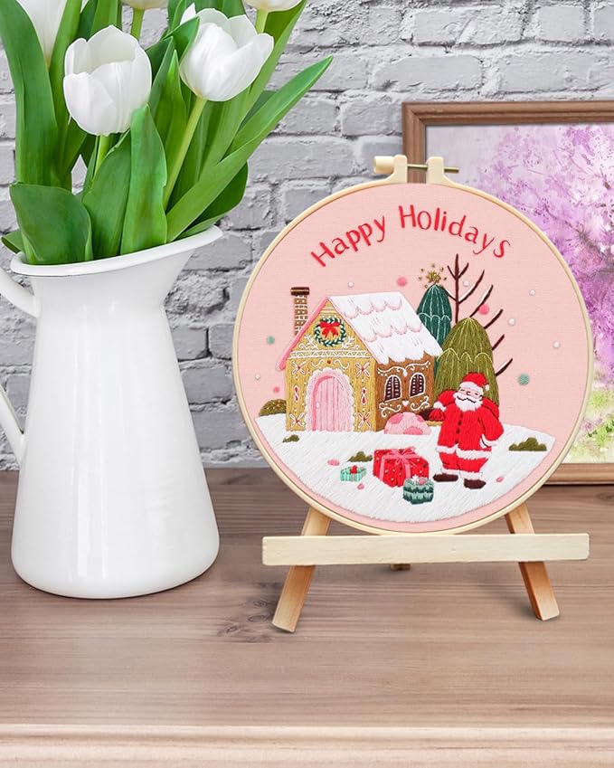 ERKOON Christmas Embroidery Kit for Beginners, Cross Stitch Set for Include Embroidery Cloth Hoops Threads for Craft Lover Hand Stitch with Embroidery Skill Techniques (Santa Claus)