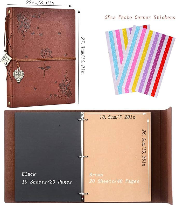 ZEEYUAN Scrapbook Album Leather Photo Album Memories DIY Scrap Book 10.8"x8.6" Large Family Photo Book Refillable 60 Pages for Anniversary Valentines Birthday Gifts Rose Brown