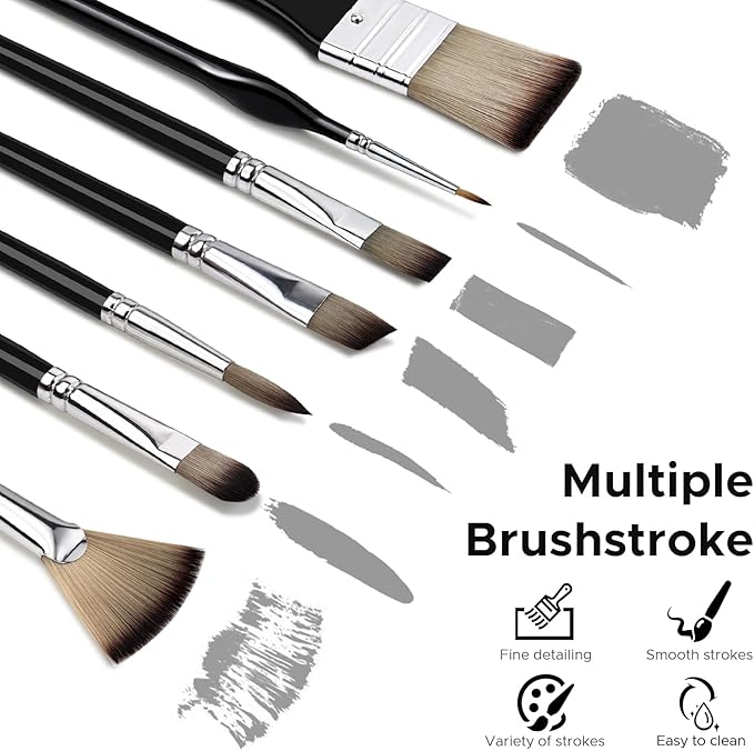 Bougimal 33 Pcs Paint Brush Set, Artist Paint Brushes for Acrylic Painting, Oil, Watercolor, Gouache, with Flat Round Filbert Fan Angle Detail Brush, Suitable for Artists and Beginners (Black)