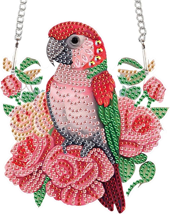 Animal Parrot Diamond Art Painting Kit Ornament with Hanging Chain Flower DIY Diamond Art Acrylic Crystal Hanging Pendant Paint by Number Stained Glass Wall Art for Adults Home Wall Decor Gift