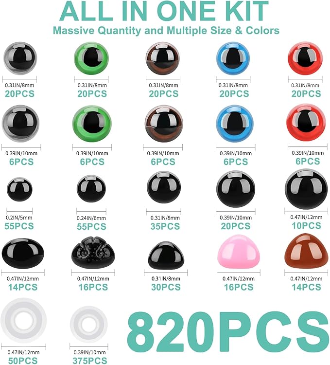 Junreox 820pcs Safety Eyes for Amigurumi- Premium Safety Eyes and Noses for Crochet Animals, Assorted Size Crochet Eyes with Washers for Dolls Plushies Toys, Safety Eyes for Stuffed Animals Teddy Bear