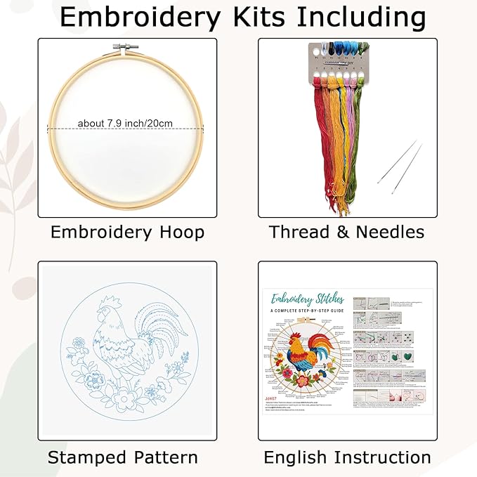 Nuberlic Animal Embroidery Kits for Beginners, Cross Stitch Kits with Rooster and Flower Pattern - Complete Starter Set with Hoop, Pre-Printed Fabric, Threads & Needles