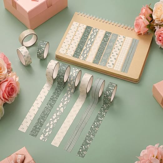 12 Rolls Watercolor Floral Washi Tape Set 15 mm Vintage Flower Decorative Masking Tape for Spring Arts DIY Craft Scrapbook Journal Supplies Gift Wrapping(Sage Green,Leaves)
