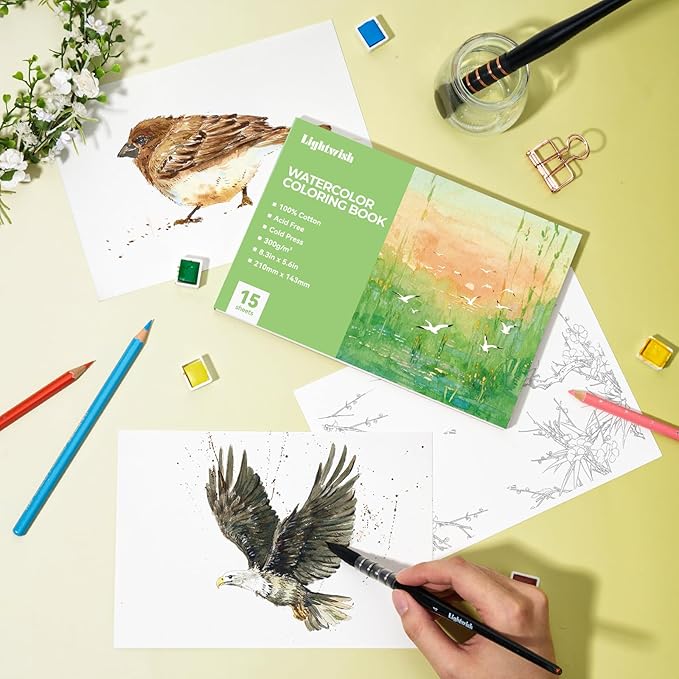 Lightwish Watercolor Coloring Book for Adults & Beginners,100% Cotton 300gsm/140lb Acid-Free Cold Press Paper, 8.3 x 5.6 Inches,15 Sheets,Bird-Themed
