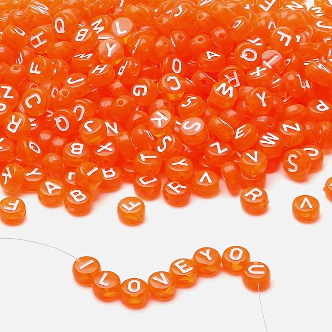 LAIDANLA 1500PCS Acrylic Letter Beads Alphabet White Letters Orange Transparent Round Bead 7×4mm for Jewelry Bracelets Necklaces Key Chains Making