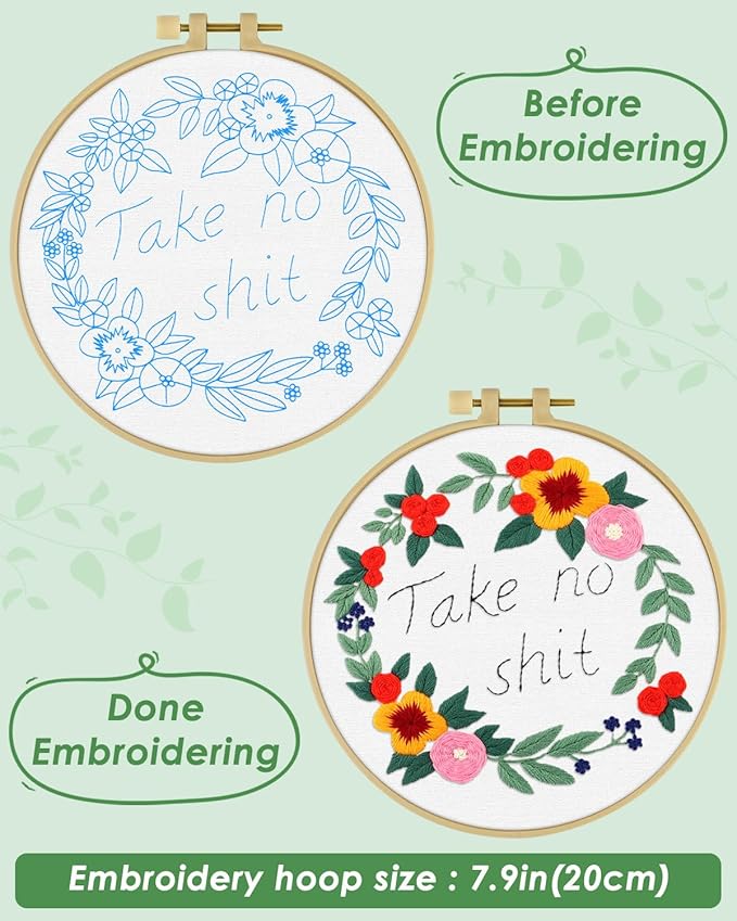 ERKOON Embroidery Kit for Beginners, Flower Cross Stitch Set for Include Embroidery Cloth Hoops Threads for Craft Lover Hand Stitch with Embroidery Skill Techniques (Happiness Wreath)
