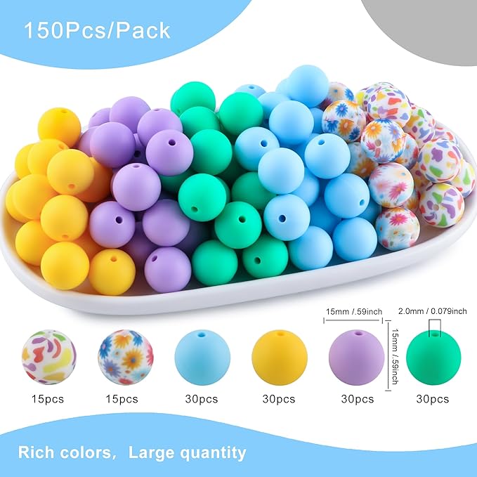 150Pcs Mixed Color 15mm Silicone Beads for Keychain Making, Blue Purple Flower Print Silicone Beads for Pens and Bracelet Jewelry Making