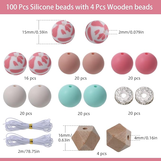 96Pcs Silicone Beads for Bracelets with 4Pcs Wooden Bead and Elastic 2 Strings,15mm Silicone Beads Bulk Petal Bracelet Making Kit Focal Bead for Pens Keychain Making Kit