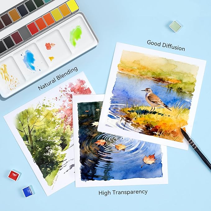 Travel Watercolor Paint Set, Watercolor Set Includes 24 Colors Solid Watercolors + 7.5x7.5 inch 100% Cotton Watercolor Paper(20 Sheets) + 1 Watercolor Brush + Green Double Layer Organizer