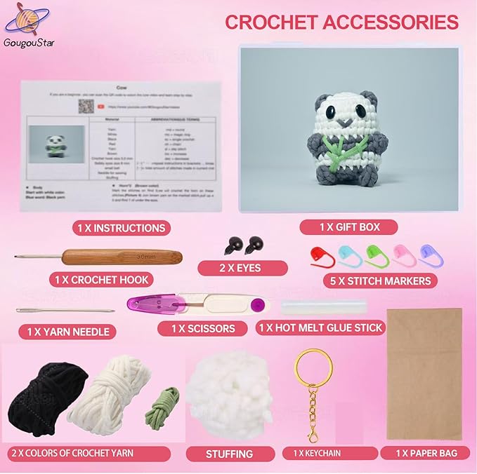 GougouStar Crochet Kit for Beginners, Animal Crochet Kits, Knitting Kit with Step-by-Step Video Tutorials and Crochet Accessories - Amigurumi Beginner Crochet Kit (Gray Panda)