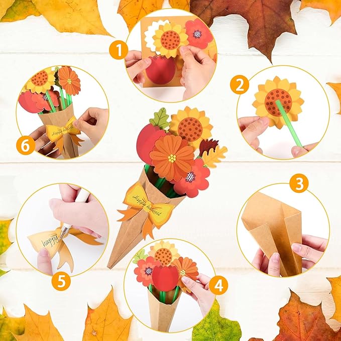 Whiosyrt Fall Flower Bouquet Craft Kit - 24Pcs Make Your Own Sunflower Thankful Autumn Florals, Thanksgiving DIY Gift, Mother's Day Flower Bouquet Classroom Fun Activities