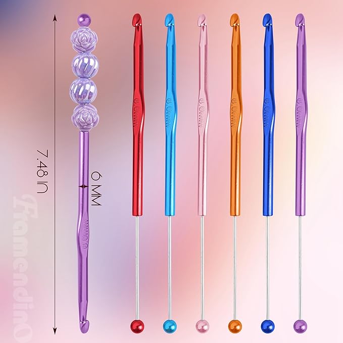 Framendino, 6 Pack Beadable Crochet Hooks 6 mm Aluminum Knitting Needles Set for Crocheting Yarn 6 Colors