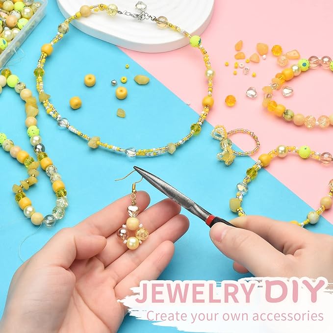 Rired 27 Yellow Glass Beads for Bracelet kit, 900pcs Crystal Beads for Jewelry Making Include 8mm Round Assorted Beads with Bicone/and Seed Beads for Craft, Necklace, Earring and Phone Chain