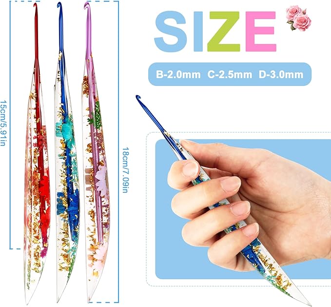 KOKNIT Ergonomic Crochet Hooks Set - 3 Sizes with Floral Resin Handles for Arthritis & Beginners, Comfort Grip for Hand Pain, Extended Soft Handle Design (Multicolor, 2-2.5-3mm)
