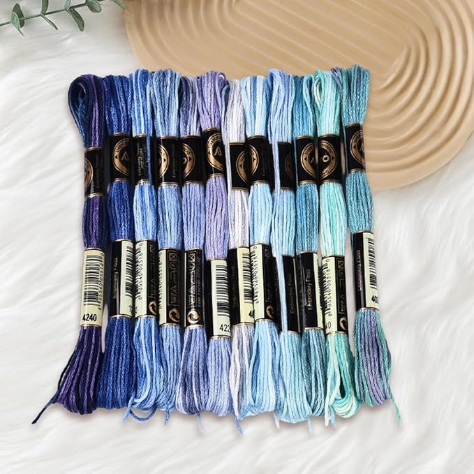 12 Skeins 105 Yards Blue Embroidery Thread Variegated Cross Stitch Floss Bulk 6 Ply Polyester Yarn Colorful Friendship Bracelet String for Sewing Making Needlecraft Knitting Stitching DIY