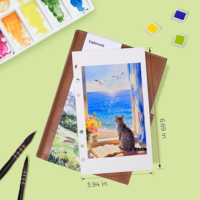 Lightwish Watercolor Sketchbook, 100% Cotton 300gsm Cold Press, 6.69" x 3.94", 20 Sheets, Binder Bound & Refillable, Acid Free Paper for Artists, Adults, Students, Travel Art Journal