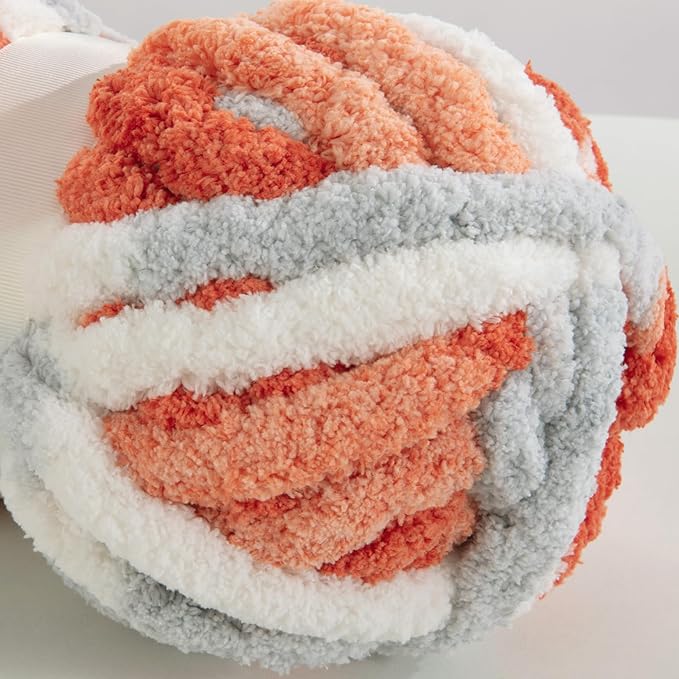 HOMBYS Chunky Tie Dye Mix Chenille Yarn for Hand Knitting, Super Bulky Jumbo Yarn for Crocheting, 3/4" Thick Soft Plush Yarn for Blankets, 8 Skein Pack (26 yds / 7.5 oz Each) Orange Grey White