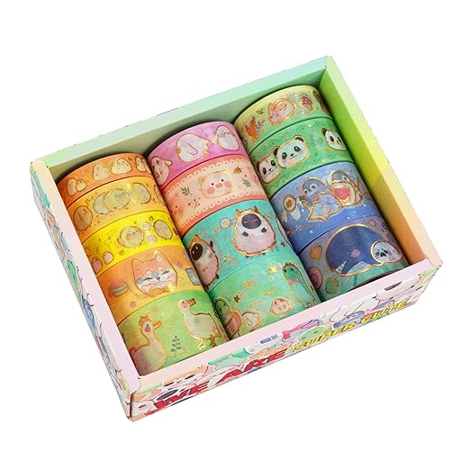 YUBX Cute Pets Washi Tape Set 13 Rolls Wide Gold Embellishment Decorative Masking Tapes for Arts, DIY Crafts, Journals, Planners, Scrapbook, Wrapping (Animal Kindergarten)