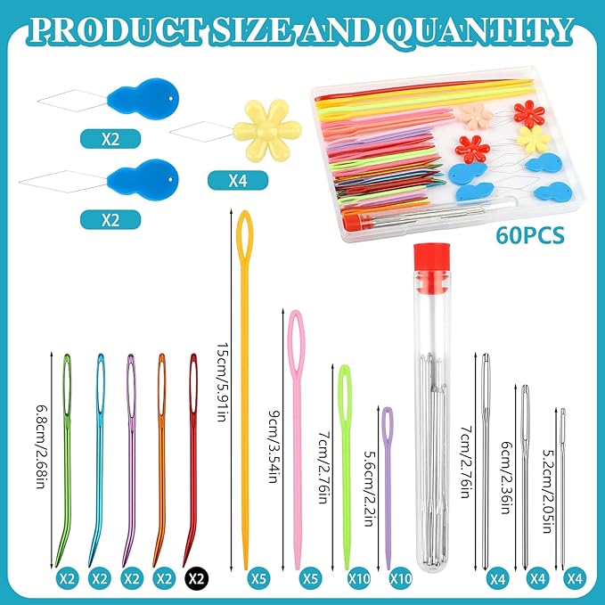 60 PCS Yarn Needle Kit, Including Bent Tapestry Needle 3 Sizes Weaving Needle Darning Needles for Yarn, Knitting Needles with Needle Threaders for Sewing and Crochet Supplies