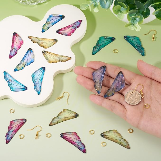 FASHEWELRY 16Pcs Resin Butterfly Wing Charms Yellow Pink Blue Feather Earring Charms Transparent Glitter Insect Wings Pendants with Jump Rings Earrings Hooks for DIY Earring Jewelry Making