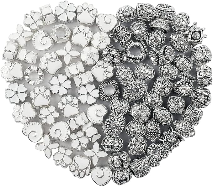 60 Pieces Assorted European Beads with Plating Silver Metal Alloy Rhinestone Large Hole Spacer Beads for DIY Charm Bracelet Jewelry Making (White)