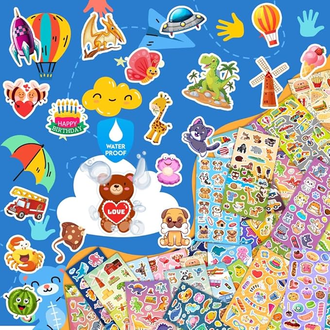 24 sheets stickers for kids & toddlers, cute kids stickers variety pack for scrapbooking, teachers classroom prizes, goodie bag stuffers including animals, cars, dinosaurs, fishes, hearts and more