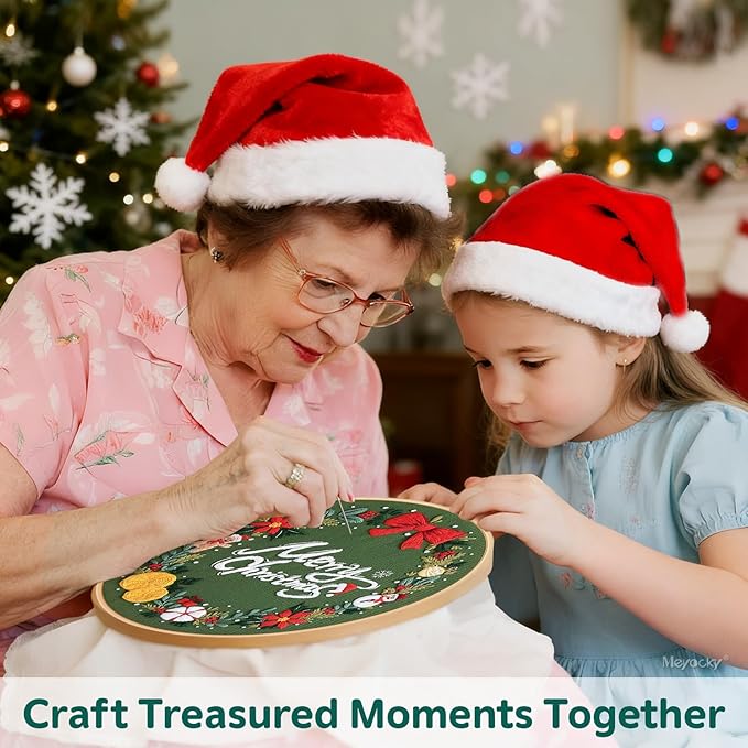 Meyocky Christmas Embroidery Kit, 3 Set Beginner Embroidery Kit for Adults Starter,Cross Stitch Kits Hand Needlepoint DIY Christmas Craft with Pattern Hoop Needles Threads Tools 7.8 Inch