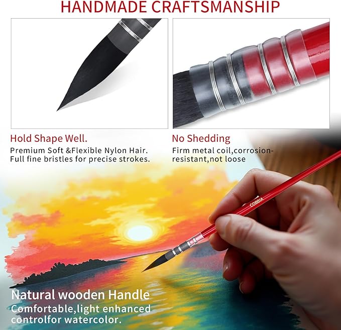 Professional Watercolor Synthetic Squirrel Hair Paint Brushes, Mop Paintbrushes, Art Supplies for Art Painting, Gouache, Fine Detailing, Acrylic, Aquarelle & Oil Painting（11pcs
