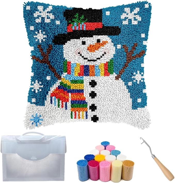 Cozykeke Snowman Latch Hook Kit,DIY Pillow Cover Cushion Craft Kits with Pre-Printed Canvas for Adults and Beginners, Suitable for Home Decor and Festival Gift 17 * 17in (BX51)