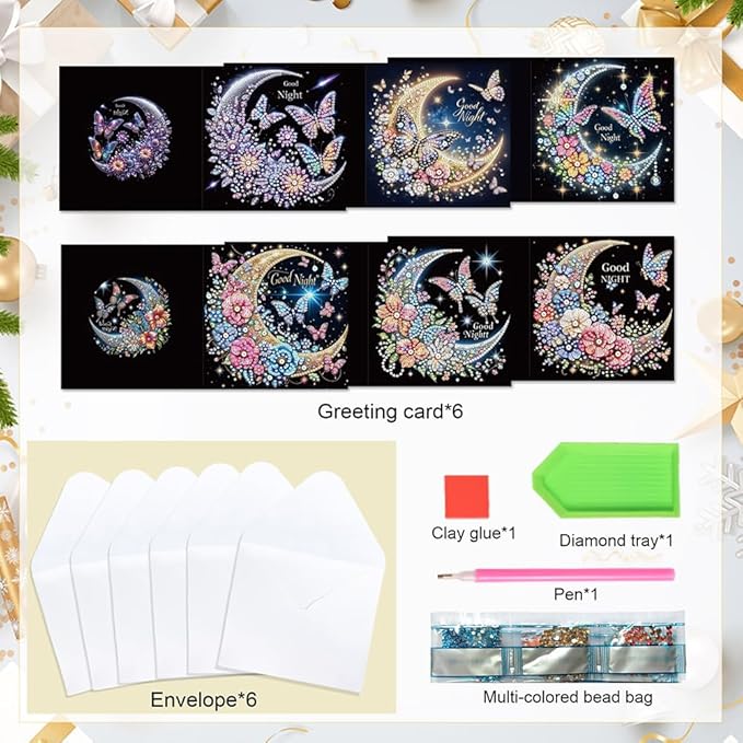 6 Pack 5D DIY Diamond Painting Moon Butterfly Greeting Card Kit, Diamond Art Christmas Birthday Holiday Greeting Card, Art Crafts Kit Creative Gift with Envelope