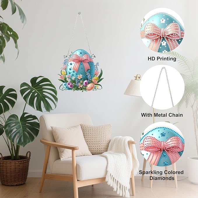 Easter Egg Diamond Art Hanging Ornaments Kits for Adults, Diamond Painting Pendant Kits, DIY Acrylic 5D Special Shaped Crystal Gem Art Painting Ornament for Home Wall Easter Decor Gift 8x8 Inch