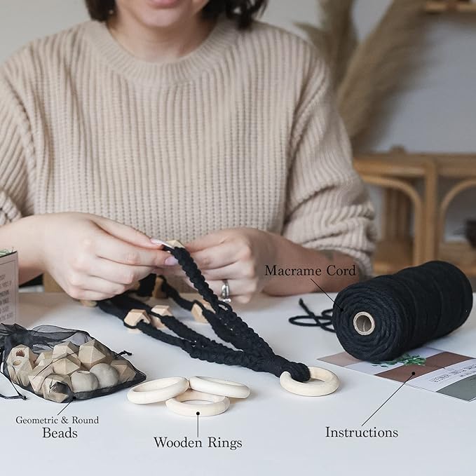 Macrame Kit-Black Edition-Makes 3 Macrame Plant Hangers with Easy to Follow Instructions for Adult Beginners - Includes 109 Yards 3mm Cotton Macrame Cord, Wooden Beads & Custom Instruction Booklet