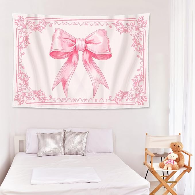 HunnmingRe 60" x 40" Pink Tapestry Coquette Pink Aesthetic Bedroom Hanging Wall Art Preppy Tapestry Decor Kit Cute Room Decoration for Women Girls Room Dorm Apartment(Bow)