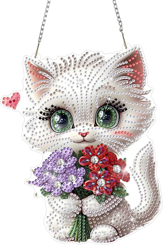 DOMROM Cat Diamond Art Hanging Kits for Kids Beginners, Special Shaped Crystal Diamond Painting Cat Pendant, DIY Diamond Art Suncatchers Animal for Home Garden Wall Decor Gift