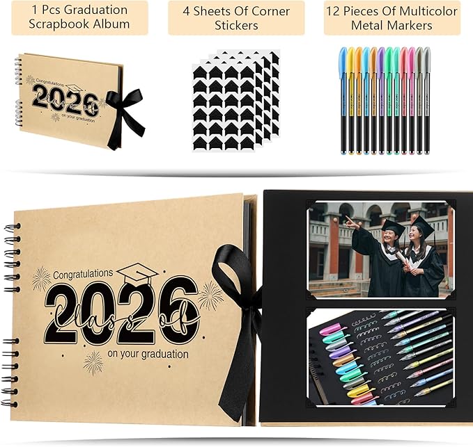 80 Pages Graduation Scrapbook Kit 11 x 8 Inch Photo Album of 2026 Graduation Decoration with 12 Metal Pens and 4 Sheets Stickers for DIY School Congrats Grad Memory Book to Sign(Brown)
