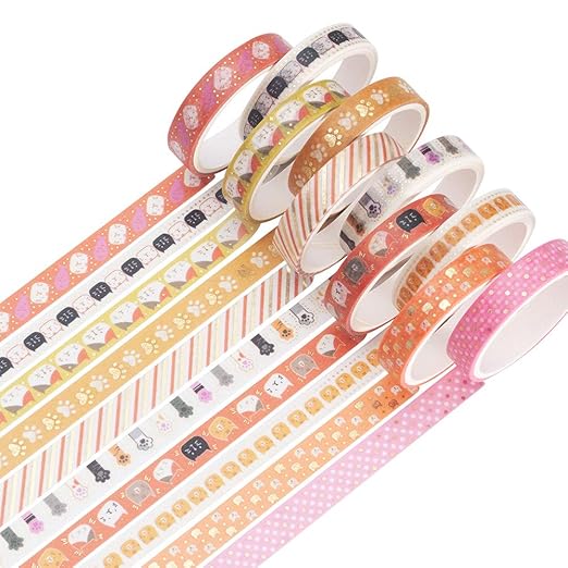 YUBBAEX 10 Rolls Sparkling Washi Tape Set 8mm Skinny Gold Foil Decorative Masking Washi Tapes for Journal,Scrapbook, Planner, DIY Crafts (Sweety Kittens)