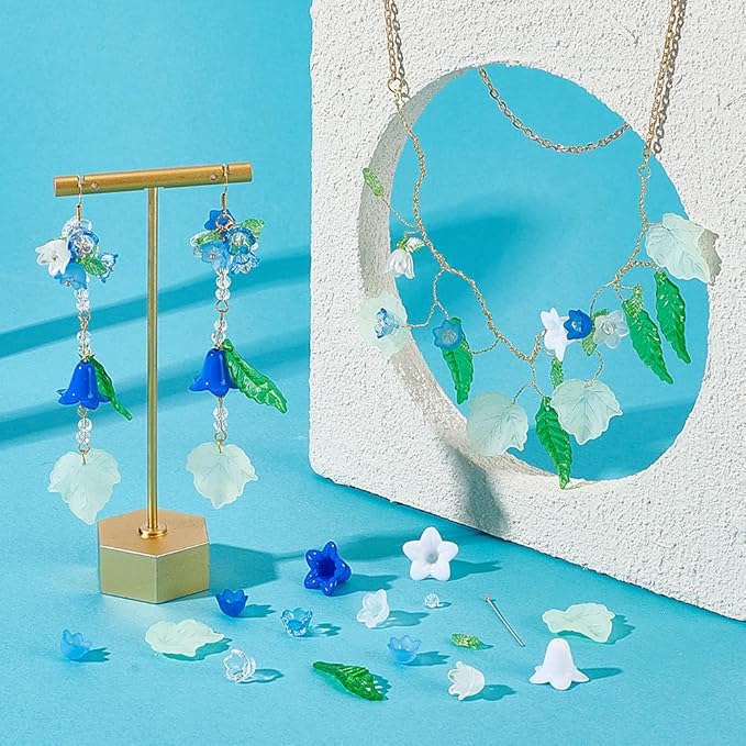 NBEADS 417 Pcs Acrylic Assorted Beads Kit, Tulip Flower Beads Caps Trumpet Flower Leaf Acrylic Pendants Leaf Loose Beads Earring Making Kit with Faceted Glass Beads Brass Ball Pins for Jewelry Making