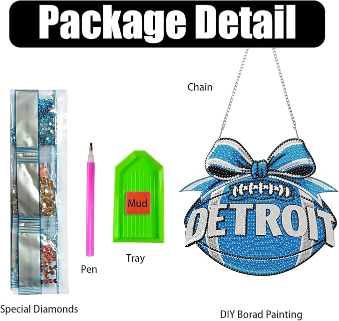 Rertcioph Football Diamond Art Hanging Kit for Adults, DIY Acrylic 5D Diamond Painting Hanging Ornament for Detroit Home Wall Decor and Gift