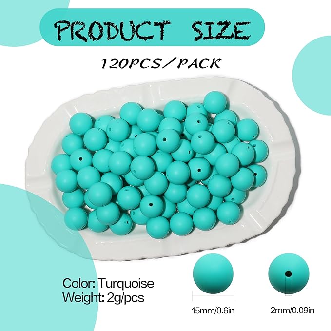 120pcs Richbunnys 15mm Bulk Silicone Beads for Pens and Keychain Making,Large Bead for Necklace and Bracelets Making,Assorted Rubber Beads Set for Crafts(Turquoise)