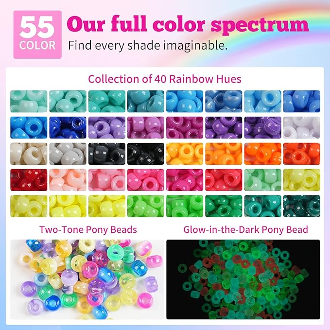 3 Boxes Bracelet Making Kit Pony Beads, 2400Pcs 55 Colors Jewelry Making Supplies for Friendship Bracelets, DIY Crafts with Elastic Cords, Gifts for Girls