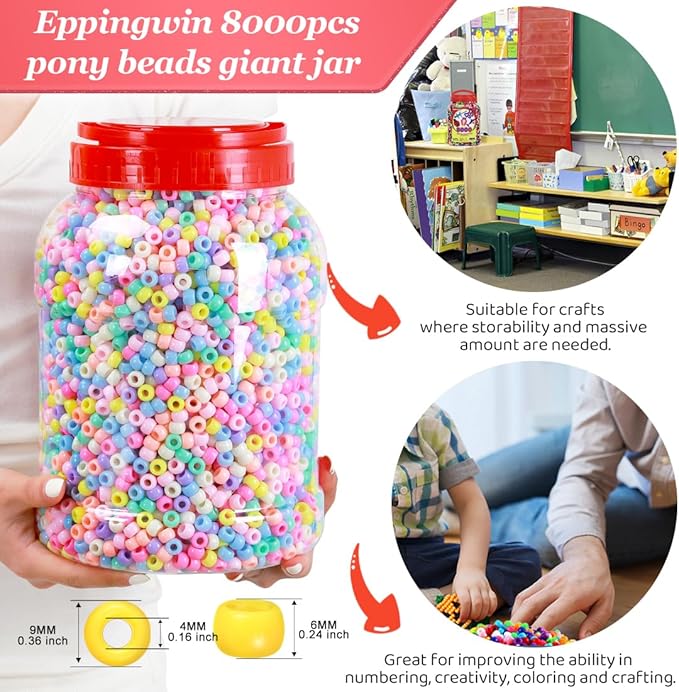 eppingwin 8000+pcs wholesale large pony beads (6x9 mm) bucket, easy storage kandi bead bulk, beads for jewelry making, crafts (macaron)