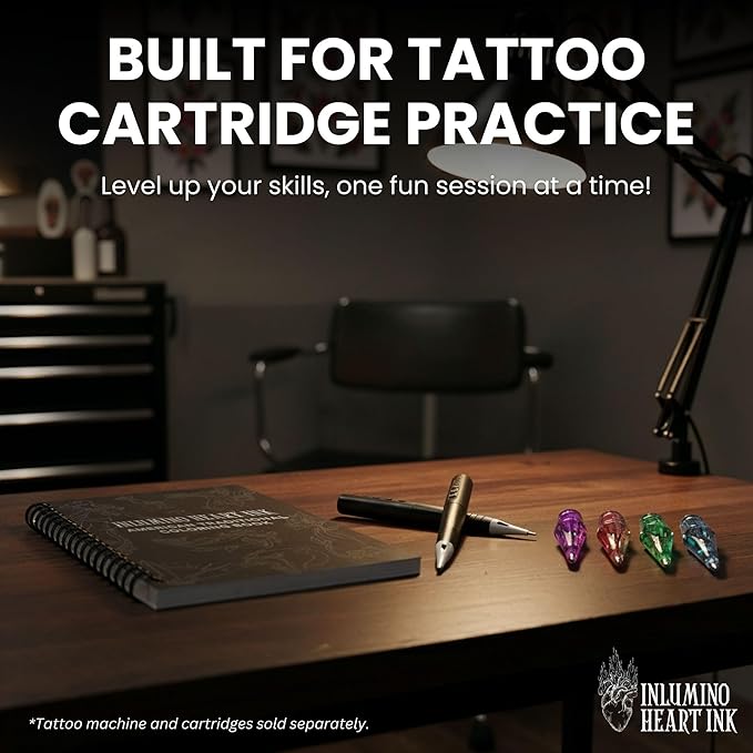 Inlumino Heart Ink Tattoo Practice Coloring Book: American Traditional – Spiral Bound Art Book with 40 Designs on 240 GSM Textured Pages – Use with Ballpoint Cartridges & Rotary Machines