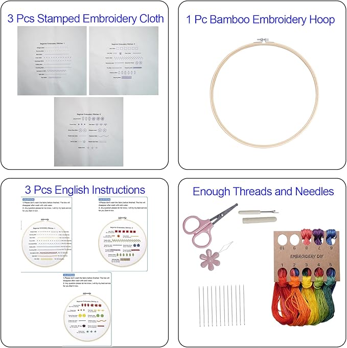 Bonroy Beginners Embroidery Practice kit 3 Sets to Learn 30 Different Stitches for Craft Lover Hand Stitch with Embroidery Fabric with Skill Techniques