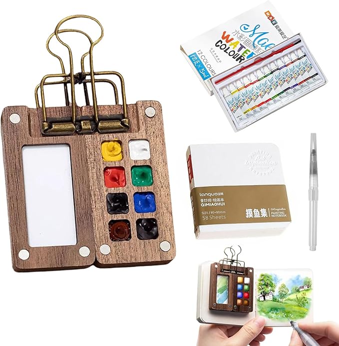 Joyzan Mini Watercolor Travel Paint Set, Portable Water Color Painting Pocket Kit Artist Watercolour 12 Colors 8 Grids Palette Binder Clips Sketchbook Pens Painter Beginner Sketchers Outdoor Student