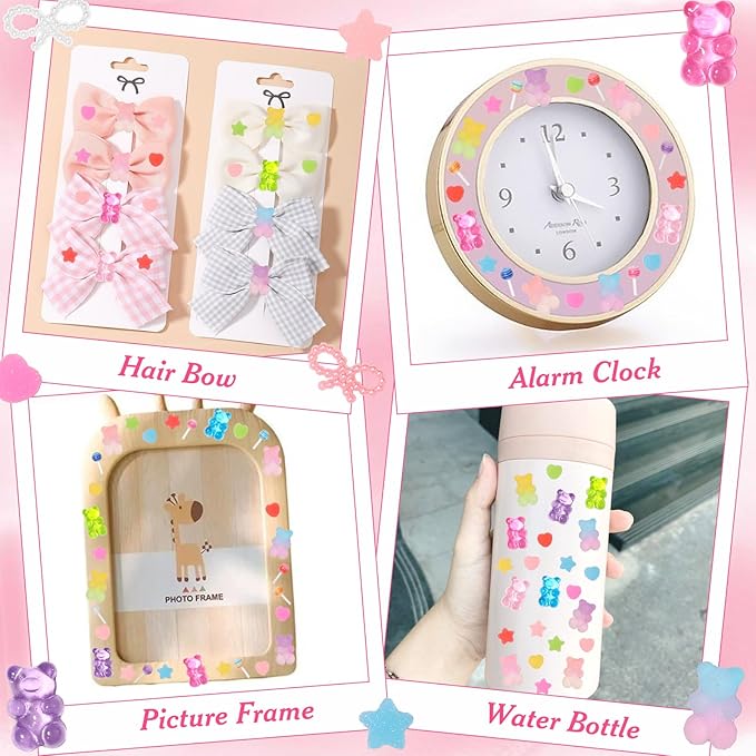 400 Pcs Candy Junk Case Charms Kit, Color Gummy Bear Lollipop Star Heart Charms for Junk Cases, Pink White Bow Moon Hearts Pearls Phone Case Charms, Assorted Slime Charms for DIY Crafts