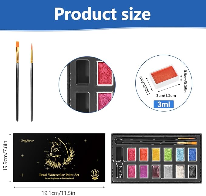 Mini Glitter Watercolor Paint Set with Paper, 12 Colors Shimmer Metallic Watercolour Painting Sets, Solid Pearl Water Color Paints for Adult(3ml 12 Colors)