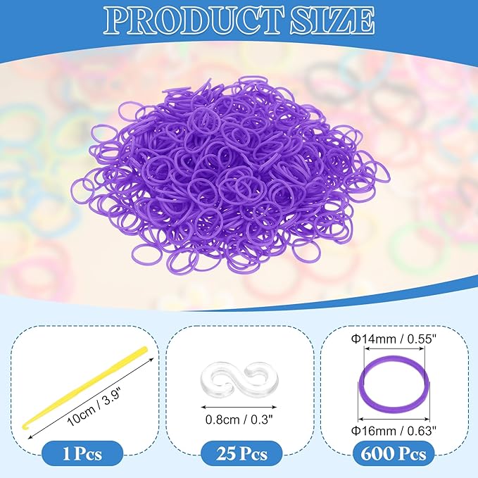 uxcell 600Pcs Loom Rubber Band, Bracelet Making Refill Kit Elastic Loom Band with 25Pcs S-Clips and 1Pcs Crochet Hooks for Weaving DIY Handcrafts, Purple