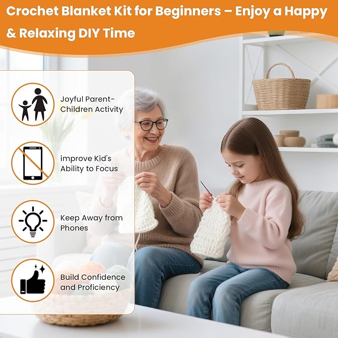 THMINS Beginner Crochet Kit – DIY Floral Blanket with Hook, Pattern & Step-by-Step Video Tutorial, Easy Craft Gift for Women, Christmas/Birthday