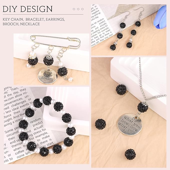 200pcs 10mm Black Rhinestone Beads for Jewelry Making, Shiny Round Shamballa Disco Ball Beads Bulk, Sparkle Crystal Clay Christmas for Bracelet Baseball Necklace Earring Crafting and DIY